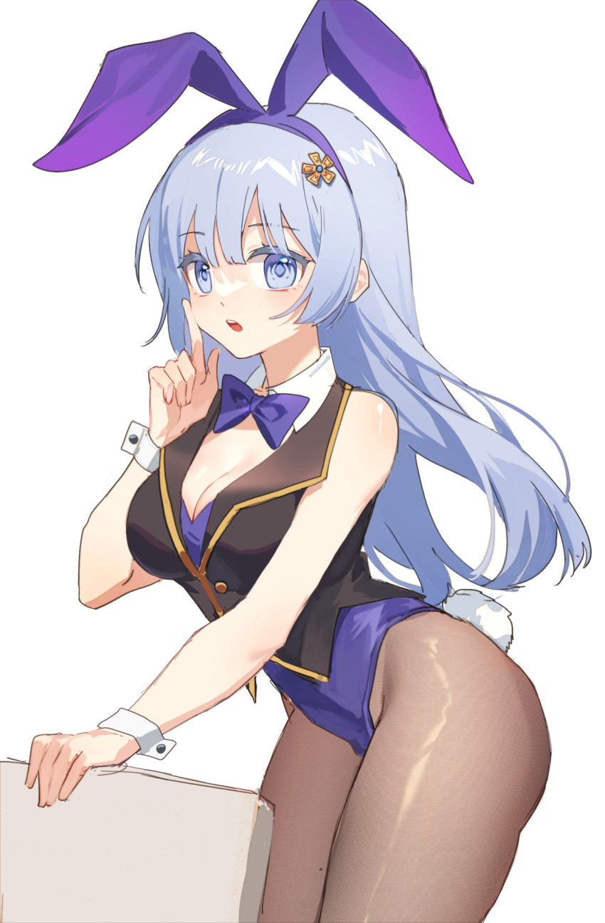 1girl :o black_vest blue_eyes blue_hair breasts date_a_live highres izayoi_miku large_breasts long_hair open_mouth playboy_bunny purple_ribbon ribbon solo thighs upper_body vest wavy_hair yunweishukuang