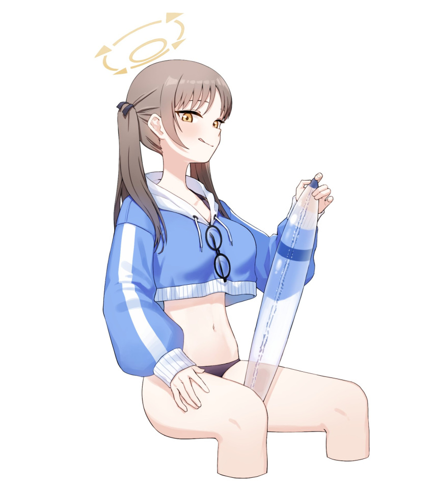 1girl artpatient bikini bikini_bottom_only black_bikini_bottom blue_archive blue_hoodie blue_sweater brown_hair cropped_hoodie cropped_sweater eyewear_hang eyewear_removed halo highres hood hoodie inflatable_torpedo moe_(blue_archive) moe_(swimsuit)_(blue_archive) navel official_alternate_costume round_eyewear sweater swimsuit twintails yellow_eyes yellow_halo