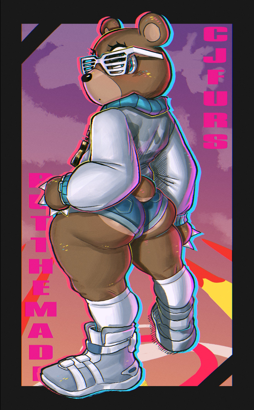 absurd_res anthro bear big_butt bottomwear bubble_butt butt cjfurs clothed clothing cutoffs daisy_dukes denim denim_bottomwear denim_clothing eyewear footwear girly hi_res hotpants kanye_bear looking_back male mammal rear_view shoes shorts shutter_shades sneakers socks solo standing thick_thighs