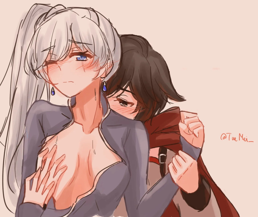 2girls black_hair blue_dress blue_eyes blush breasts cape dress gradient_hair grey_eyes highres holding kiss long_hair multicolored_hair multiple_girls nipple_slip nipples open_clothes ponytail red_cape ruby_rose rwby scar scar_across_eye short_hair small_breasts sweatdrop tuemei weiss_schnee white_hair yuri