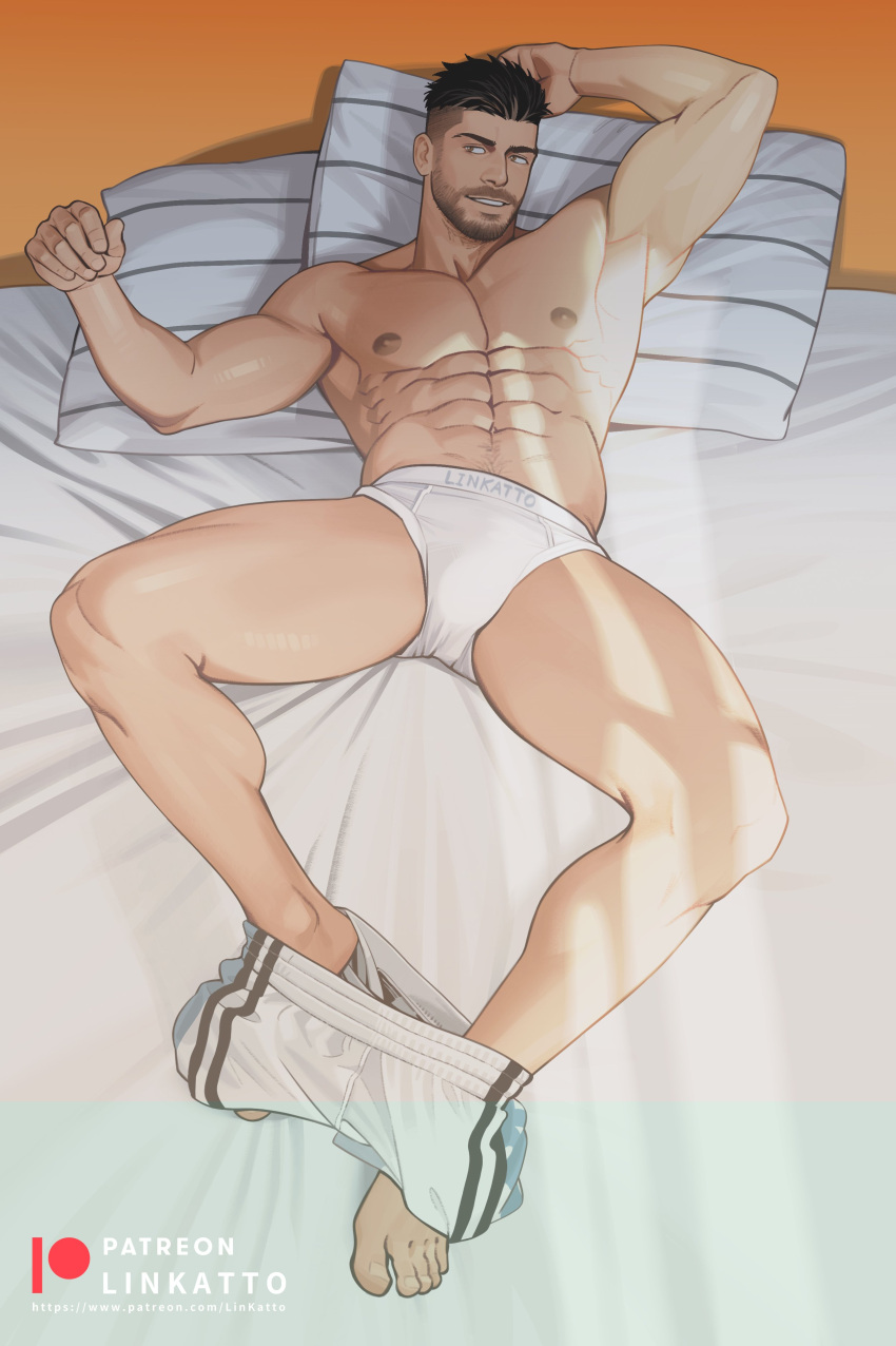 1boy abs absurdres artist_name bara bed black_hair clothes_pull facial_hair highres katto8452 large_pectorals looking_to_the_side male_focus male_underwear muscular muscular_male navel nipples on_bed original patreon_username pectorals pillow short_hair shorts shorts_pull sidecut smile solo underwear white_male_underwear white_shorts