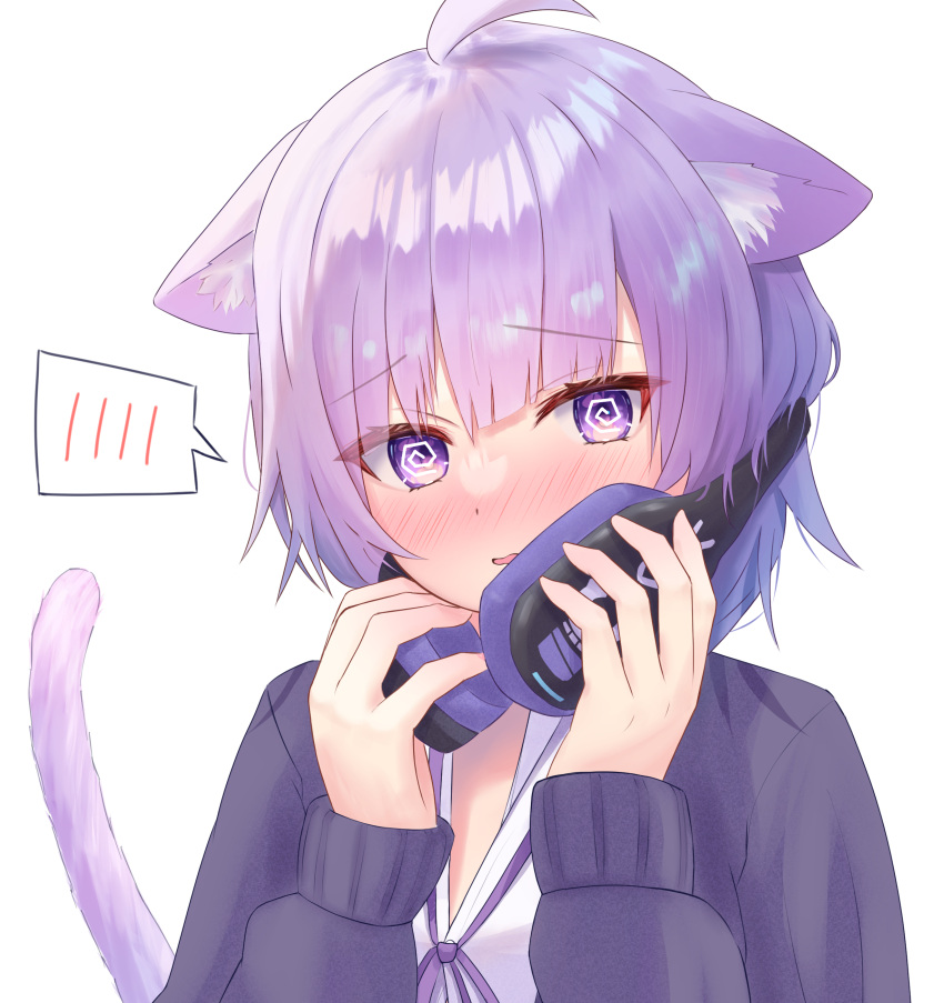 1girl @_@ absurdres ahoge animal_ear_fluff animal_ears blunt_bangs blush cat_ears cat_girl cat_tail commentary_request covering_mouth embarrassed full-face_blush hands_up headphones headphones_around_neck highres holding holding_headphones hololive looking_at_viewer nekomata_okayu open_mouth purple_eyes purple_fur purple_hair purple_ribbon purple_sweater ribbon shirt short_hair shy simple_background solo spoken_blush sweater tail togemaru34 upper_body virtual_youtuber white_background white_shirt