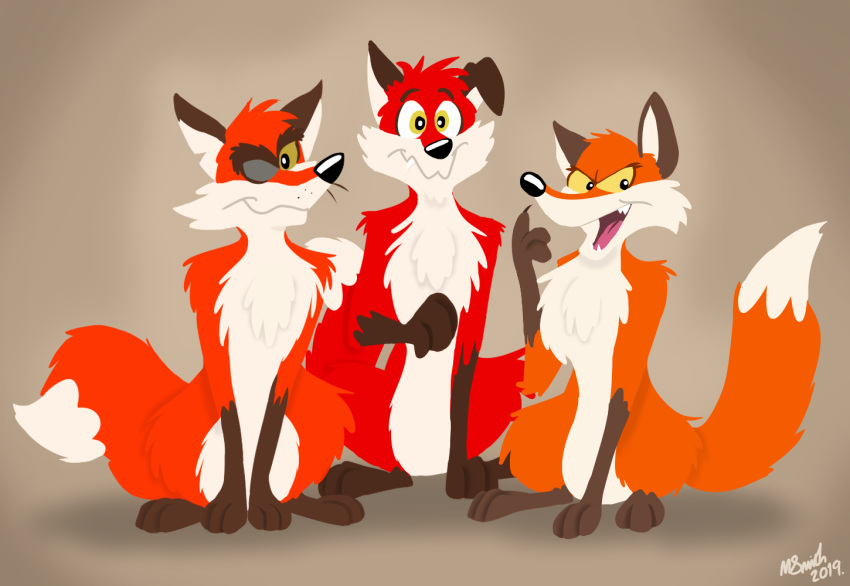 2019 attila_(the_foxbusters) black_nose brown_background canid canine dipstick_tail evita_(the_foxbusters) female feral fox freyfox full-length_portrait fur group looking_at_viewer male mammal markings multicolored_body multicolored_fur orange_body orange_fur portrait quadruped signature simple_background tail tail_markings the_foxbusters todd_(the_foxbusters) trio two_tone_body two_tone_fur white_body white_fur year yellow_eyes yellow_sclera