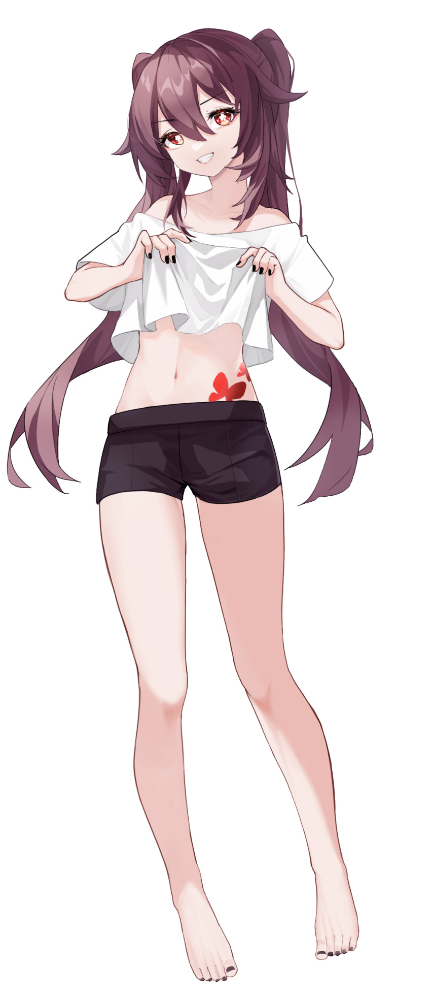 1girl absurdres bare_legs bare_shoulders barefoot black_nails black_shorts brown_hair candy_shunya commentary_request crop_top crop_top_overhang feet flower-shaped_pupils full_body genshin_impact grin highres hu_tao_(genshin_impact) long_hair looking_at_viewer midriff navel no_headwear off-shoulder_shirt off_shoulder red_eyes shirt short_shorts short_sleeves shorts simple_background smile solo stomach stomach_tattoo symbol-shaped_pupils tattoo thighs twintails very_long_hair white_background white_shirt