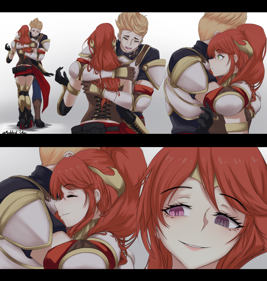 1boy 1girl absurdres armlet artist_name brown_eyes circlet crying diadem disguise eyelashes forehead_protector gorget green_eyes heterochromia highres hug jaune_arc leg_armor long_hair moddedjoker neo_politan pink_eyes ponytail pyrrha_nikos red_hair rwby smile standing tears