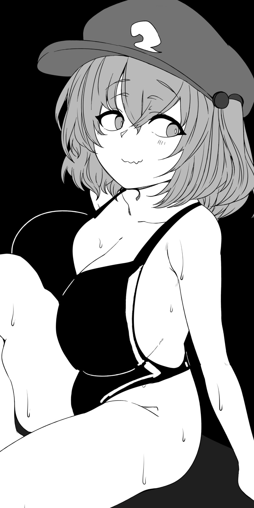 1girl absurdres alternate_costume arm_support bare_legs bare_shoulders barefoot between_breasts black_background breasts bright_pupils cleavage collarbone commentary_request fang feet_out_of_frame greyscale hair_between_eyes hat highres kawashiro_nitori large_breasts leg_between_breasts looking_to_the_side medium_hair mizuga monochrome nervous_smile one-piece_swimsuit simple_background sitting skin_fang smile solo swimsuit touhou two_side_up wavy_mouth wet white_pupils