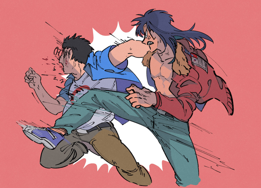 2boys andou_mamoru anger_vein black_hair blood blue_footwear blue_pants blue_shirt bomber_jacket brown_jacket brown_pants clenched_teeth commentary_request foot_out_of_frame glasses highres in_the_face inudori itou_kaiji jacket kaiji kicking long_hair long_sleeves looking_at_another male_focus medium_bangs multiple_boys no_shirt open_clothes open_mouth open_shirt pants pink_background republic_of_china_flag shirt shoes short_hair simple_background sneakers south_korean_flag teeth white_shirt