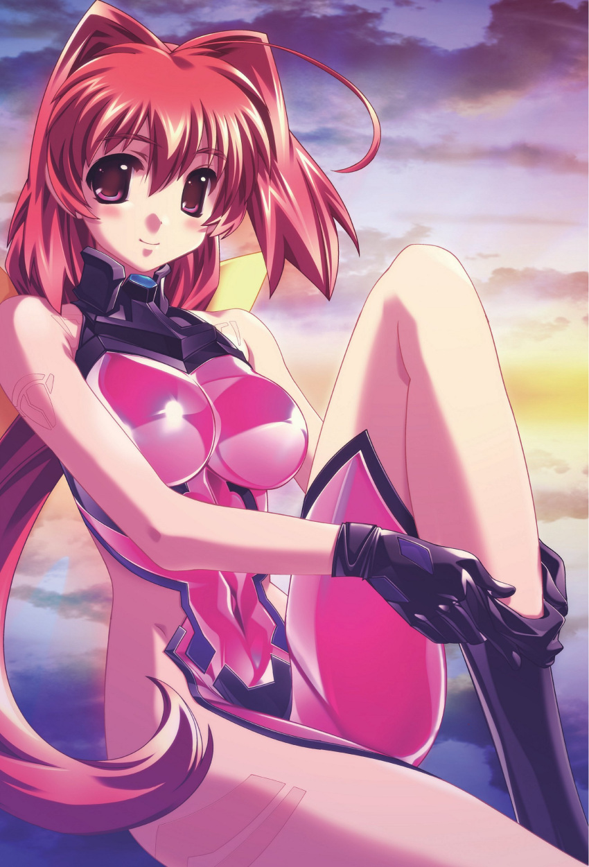 1girl absurdres ahoge bare_shoulders blush bodysuit bodysuit_pull bou bow breasts closed_mouth cloud covered_navel fortified_suit gloves hair_bow hair_intakes highres kagami_sumika knee_up large_breasts long_hair looking_at_viewer low_ponytail muvluv muvluv_alternative official_art outdoors pilot_suit pink_bodysuit ponytail red_eyes red_hair shiny_clothes sitting skin_tight sky sleeveless smile solo sunset tattoo undressing very_long_hair