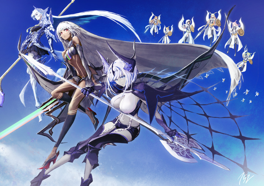152_in_can 6+girls absurdres altera_(fate) armor armored_dress aslaug_(fate) aunt_and_niece bare_shoulders black_capelet black_footwear black_gloves black_hair black_shorts blonde_hair blue_eyes blue_hair blue_sky breasts brynhildr_(fate) capelet choker cleavage colored_inner_hair dark-skinned_female dark_skin detached_sleeves dress energy_spear energy_weapon energy_wings fate/grand_order fate:lost_einherjar fate_(series) gauntlets geirskogul_(fate) gloves green_hair grey_footwear hair_ornament head_wings headpiece highres hildr_(fate) holding holding_polearm holding_weapon hood hooded_capelet horns large_breasts long_hair looking_at_viewer medium_breasts mother_and_daughter multicolored_hair multiple_girls navel olrun_(fate) orange_hair ortlinde_(fate) photon_ray_(fate) pink_hair polearm purple_eyes red_eyes rindr_(fate) shield short_hair shorts skirt sky small_breasts spear stomach tattoo thrud_(fate) twintails two-tone_hair valkyrie_(fate) veil very_long_hair weapon white_capelet white_hair winged_hair_ornament wings yellow_wings