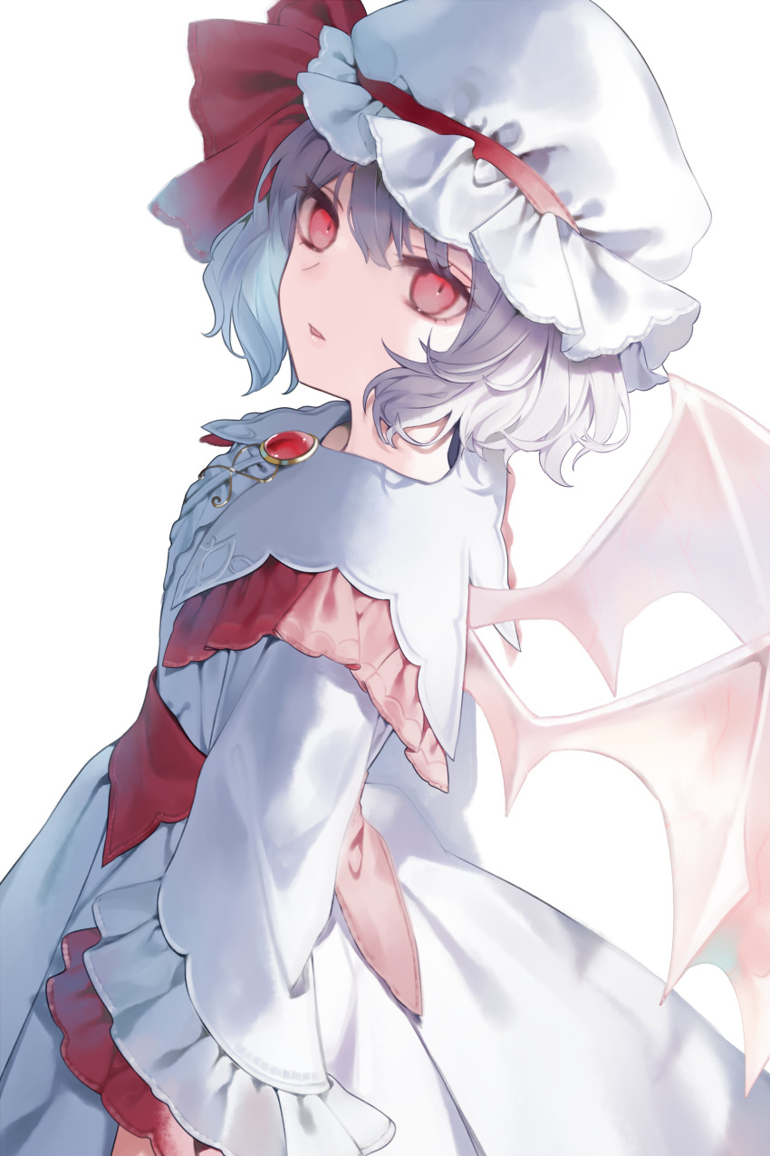 1girl absurdres bat_wings brooch collared_dress cowboy_shot daimaou_ruaeru dress frilled_sleeves frills gem grey_hair hat hat_ribbon highres jewelry long_sleeves looking_at_viewer mob_cap open_mouth red_dress red_eyes red_gemstone red_ribbon remilia_scarlet ribbon short_hair simple_background solo touhou two-tone_dress white_background white_dress white_headwear wings