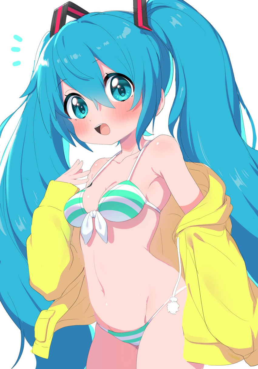 1girl aqua_hair bare_shoulders bikini blue_eyes blush breasts cleavage commentary front-tie_bikini_top front-tie_top hair_ornament hatsune_miku highres jacket long_hair looking_at_viewer medium_breasts multicolored_bikini multicolored_clothes navel notice_lines open_mouth ransusan side-tie_bikini_bottom smile solo striped striped_bikini swimsuit twintails very_long_hair vocaloid yellow_jacket