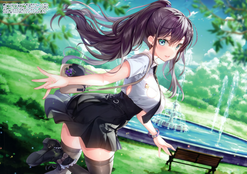 1girl absurdres bag bench black_footwear black_hair black_necktie black_skirt black_thighhighs blue_sky blurry blurry_background bracelet breasts collared_shirt day fountain fujima_takuya grass green_eyes hair_between_eyes handbag high_heels highres jewelry large_breasts looking_at_viewer necktie non-web_source open_mouth original outdoors park park_bench ponytail shirt short_sleeves skirt sky smile solo thighhighs tree white_shirt zettai_ryouiki
