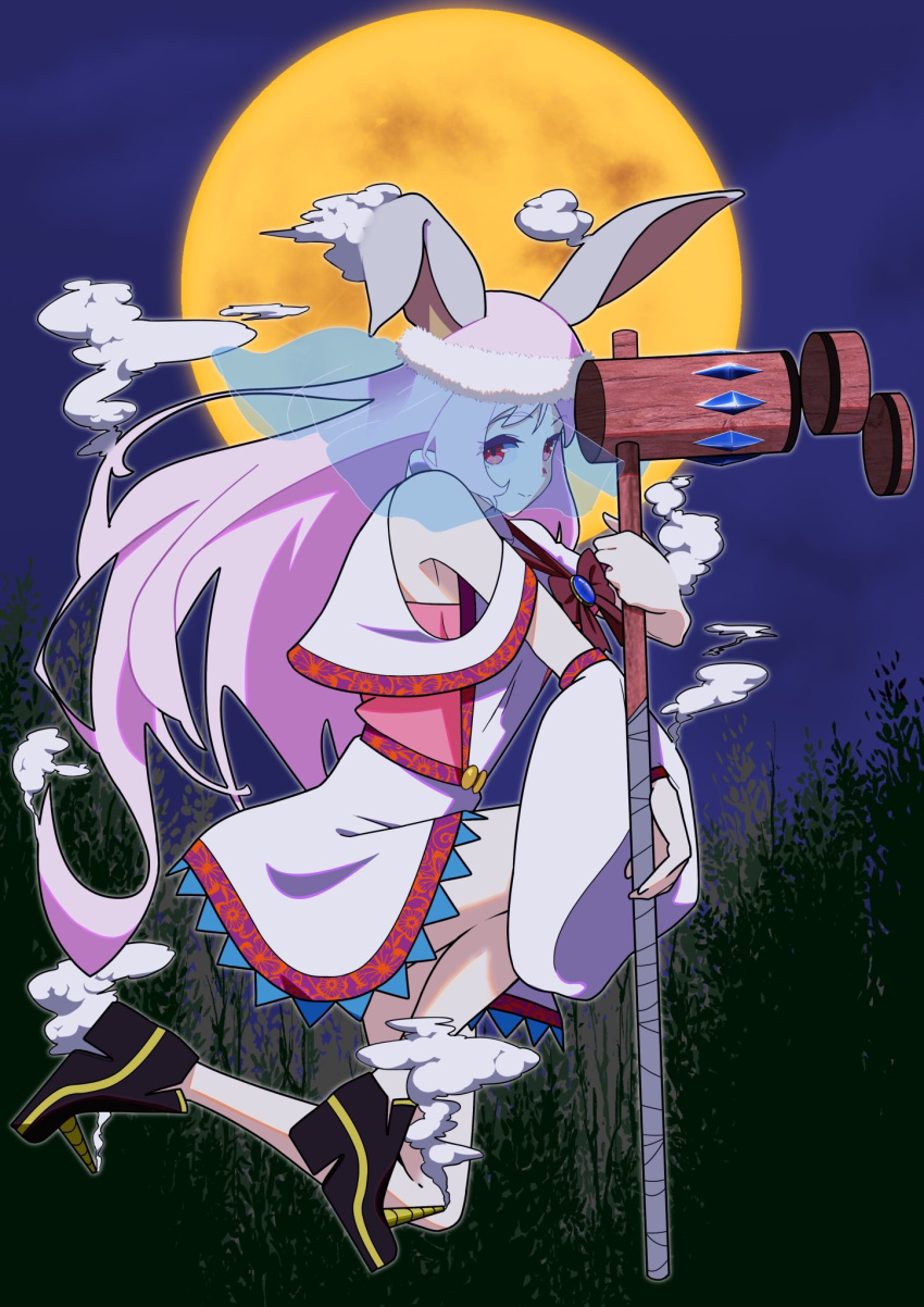 1girl animal_ears armpit_peek boots clothing_cutout commentary_request detached_sleeves dress ebata_kyouhei forest full_moon highres long_hair mallet moon moon_rabbit nature night night_sky original pink_hair rabbit_ears red_eyes short_dress shoulder_cutout sky smile smoke solo tree very_long_hair