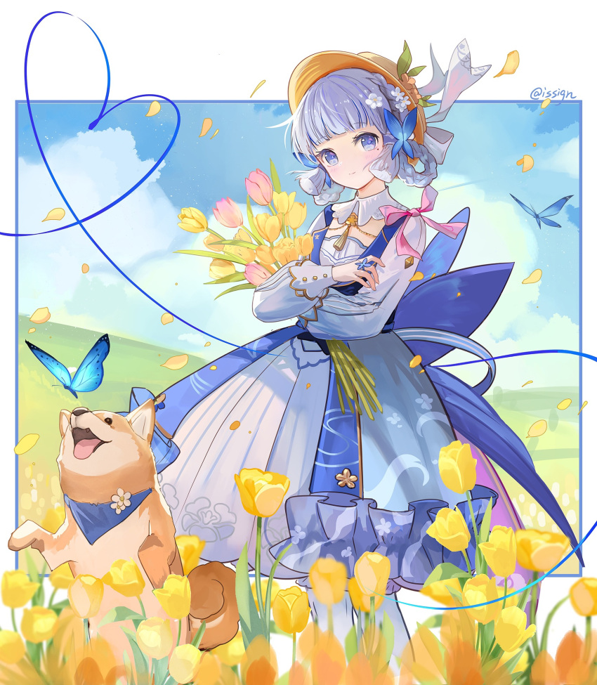 1girl artist_name blue_butterfly blue_dress blue_eyes blue_hair blue_sky blunt_bangs blunt_tresses brown_headwear bug butterfly butterfly_hair_ornament butterfly_ring closed_mouth commentary dog dress field flower genshin_impact hair_flower hair_ornament hat_leaf heart heart_of_string highres holding holding_flower issign kamisato_ayaka kamisato_ayaka_(springbloom_missive) light_blue_hair long_sleeves looking_at_viewer mole mole_under_eye neck_tassel official_alternate_costume official_alternate_hairstyle outdoors pantyhose petals pink_flower pink_tulip sky smile solo symbol-only_commentary tulip white_flower white_pantyhose yellow_flower yellow_tulip