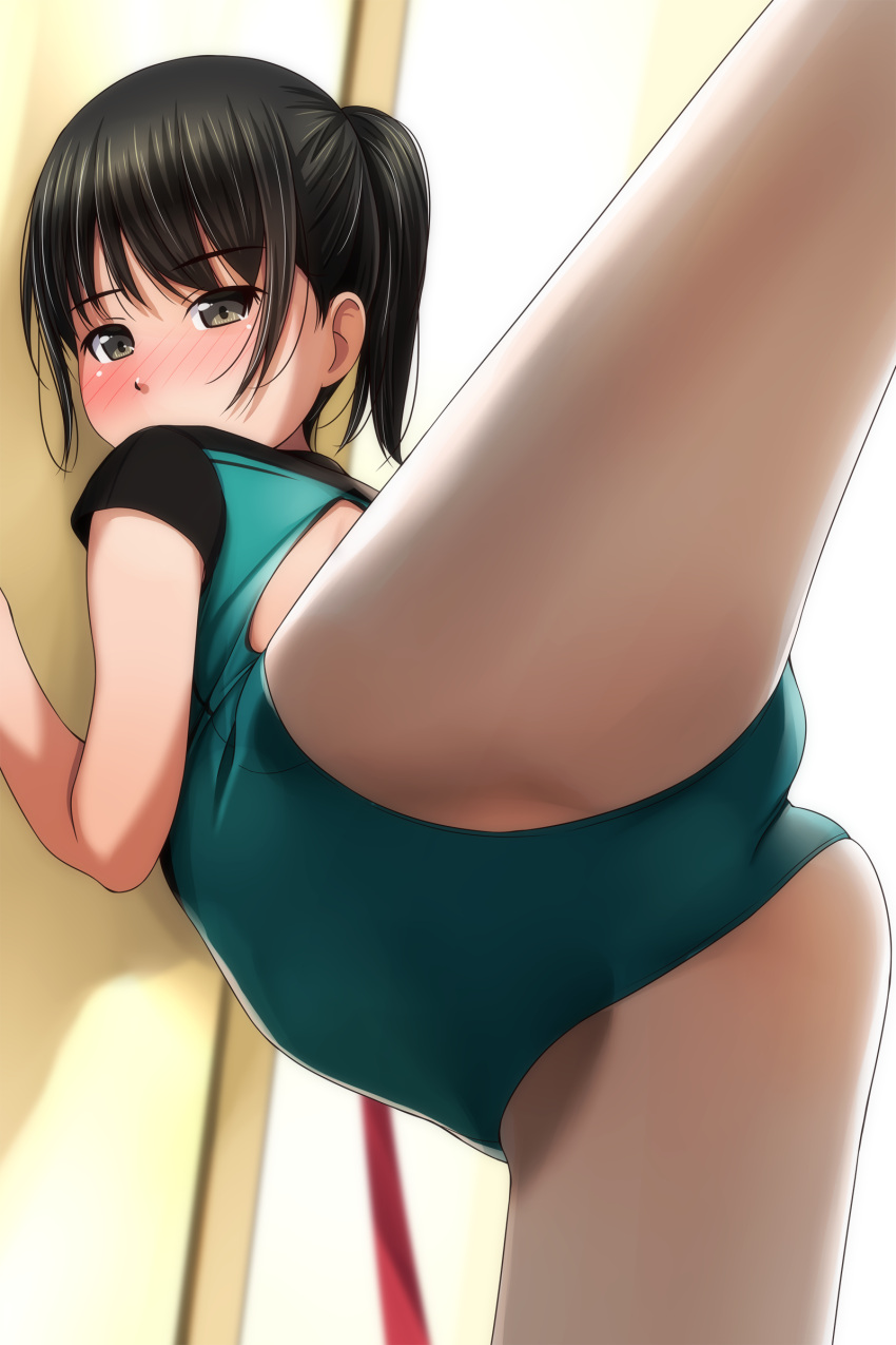 1girl absurdres athletic_leotard black_hair brown_eyes cowboy_shot from_behind green_leotard highres leg_up leotard looking_at_viewer looking_back matsunaga_kouyou original short_hair short_sleeves solo spread_legs standing standing_on_one_leg