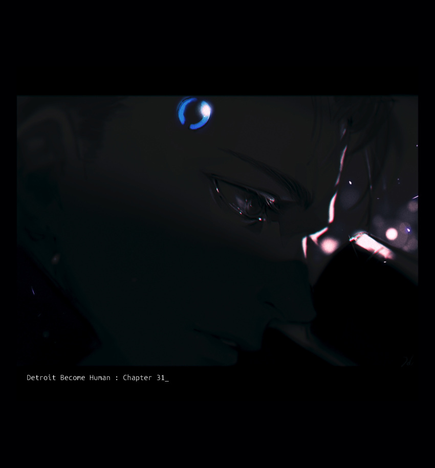 1boy aiming android border character_request close-up copyright_name detroit:_become_human english_text eyelashes from_side glowing grey_hair hari1000bom highres light_particles looking_ahead male_focus parted_lips profile solo spot_color