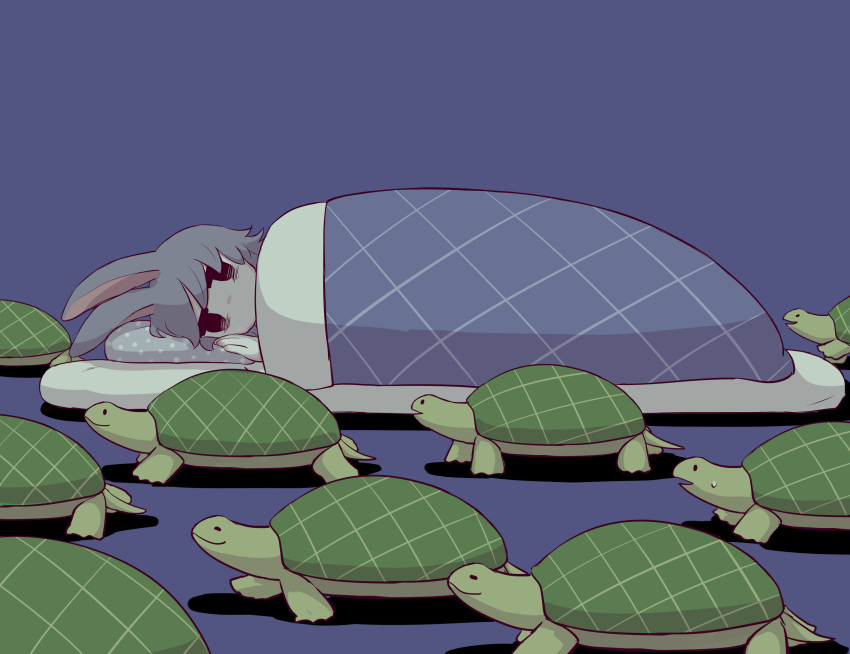 1other absurdres animal animal_ears avogado6 black_eyes blanket blue_background empty_eyes futon grey_hair highres looking_at_another no_mouth pillow polka_dot_pillow rabbit_ears smile sweat the_tortoise_and_the_hare tortoise turtle under_covers