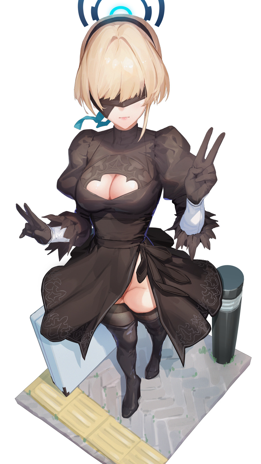 1girl absurdres black_blindfold black_dress black_footwear black_hairband black_thighhighs blindfold blonde_hair blue_archive boots breasts cleavage_cutout clothing_cutout cosplay double_v dress feather-trimmed_sleeves hairband halo highres juliet_sleeves long_sleeves medium_breasts nier:automata nier_(series) no_panties nox13 puffy_sleeves solo standing thigh_boots thighhighs thighhighs_under_boots toki_(blue_archive) v yorha_no._2_type_b yorha_no._2_type_b_(cosplay)