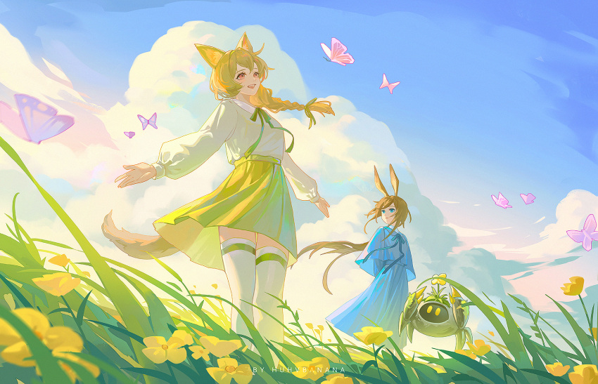 2girls amiya_(arknights) animal animal_ears arknights artist_name beanstalk_(arknights) blue_eyes blue_ribbon blue_shirt blue_skirt blue_sky braid brown_hair bug butterfly cloud flower flower_on_head grass green_ribbon green_shirt green_skirt hair_ribbon highres huhv. hyena_ears hyena_girl hyena_tail long_hair long_skirt long_sleeves metal_crab_(arknights) multiple_girls neck_ribbon outdoors outstretched_arms pink_butterfly rabbit_ears rabbit_girl red_eyes ribbon scenery shirt skirt sky spread_arms sunset teeth thighhighs upper_teeth_only very_long_hair white_thighhighs wind yellow_flower