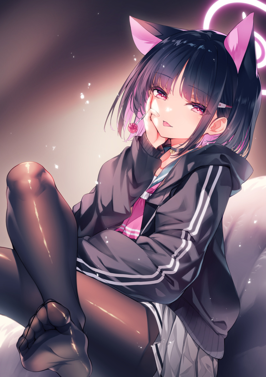 1girl :p absurdres animal_ears arm_support black_hair black_hoodie black_pantyhose blue_archive candy cat_ears cat_girl crossed_legs extra_ears feet fine_fabric_emphasis food halo hand_on_own_cheek hand_on_own_face head_rest highres hirano_katsuyuki hood hood_down hoodie kazusa_(blue_archive) knee_up lollipop long_sleeves looking_at_viewer miniskirt multicolored_hair no_shoes open_clothes open_hoodie pantyhose pink_hair pleated_skirt short_hair skirt soles toes tongue tongue_out two-tone_hair white_skirt