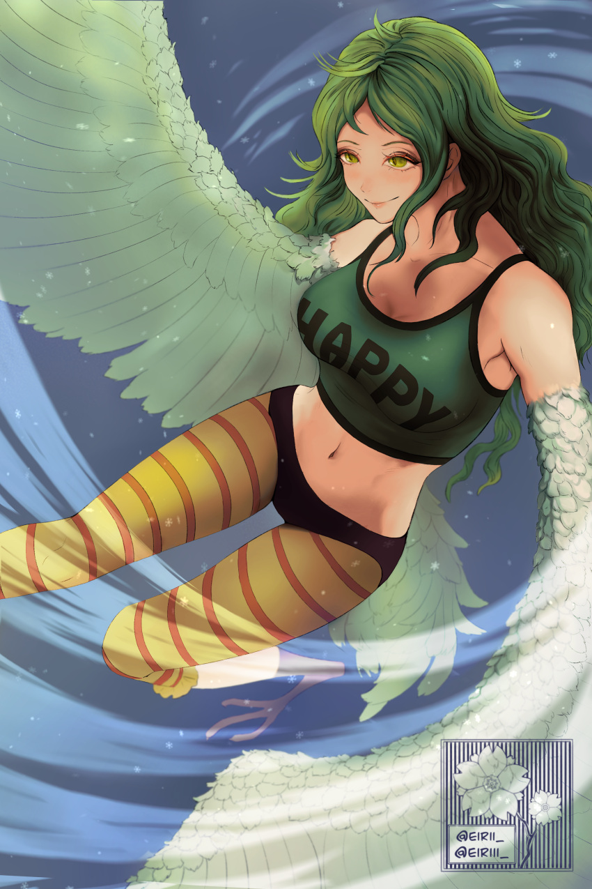 1girl absurdres artist_name bare_shoulders bird_legs blush breasts cleavage clothes_writing commentary_request crop_top eiriii feathered_wings feathers green_feathers green_hair green_tank_top green_wings harpy highres large_breasts long_hair medium_breasts midriff monet_(one_piece) monster_girl navel one_piece pantyhose smile snowflakes solo striped striped_pantyhose tail_feathers tank_top winged_arms wings yellow_eyes