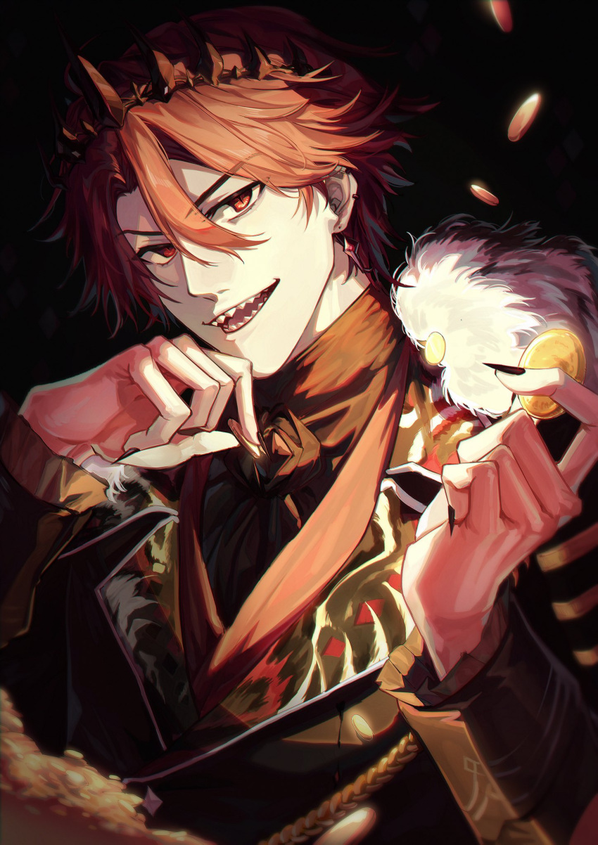 1boy black_background black_shirt brooch coin collared_jacket crown earrings fingernails frilled_sleeves frills fur-trimmed_jacket fur_trim hair_between_eyes highres holding holding_coin holostars holostars_english jacket jewelry jurard_t_rexford long_sleeves looking_at_viewer male_focus nori48420550 open_mouth red_eyes red_hair sharp_fingernails sharp_teeth shirt slit_pupils solo teeth upper_body virtual_youtuber white_fur