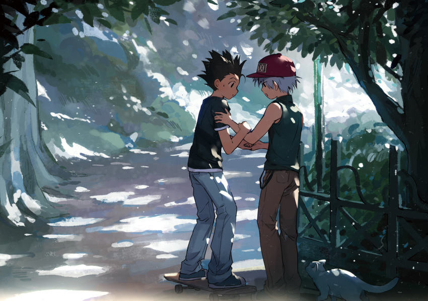 2boys animal baseball_cap black_eyes black_shirt blue_pants brown_pants cat dappled_sunlight day gon_freecss hat highres hunter_x_hunter kiko killua_zoldyck male_focus multiple_boys open_mouth outdoors pants red_headwear shirt shoes skateboard sleeveless spiked_hair standing sunlight sweat tree