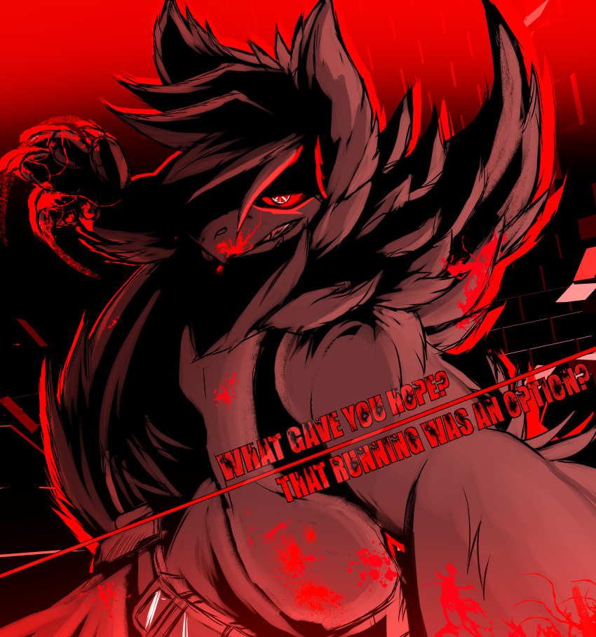 absurd_res anthro axelwolf blood blood_on_face blood_on_hand blood_on_mouth bodily_fluids daddy_gen dialogue grabbing_viewer hi_res killing male papa_gen red_eyes solo style_parody tadashi_arasaka violence