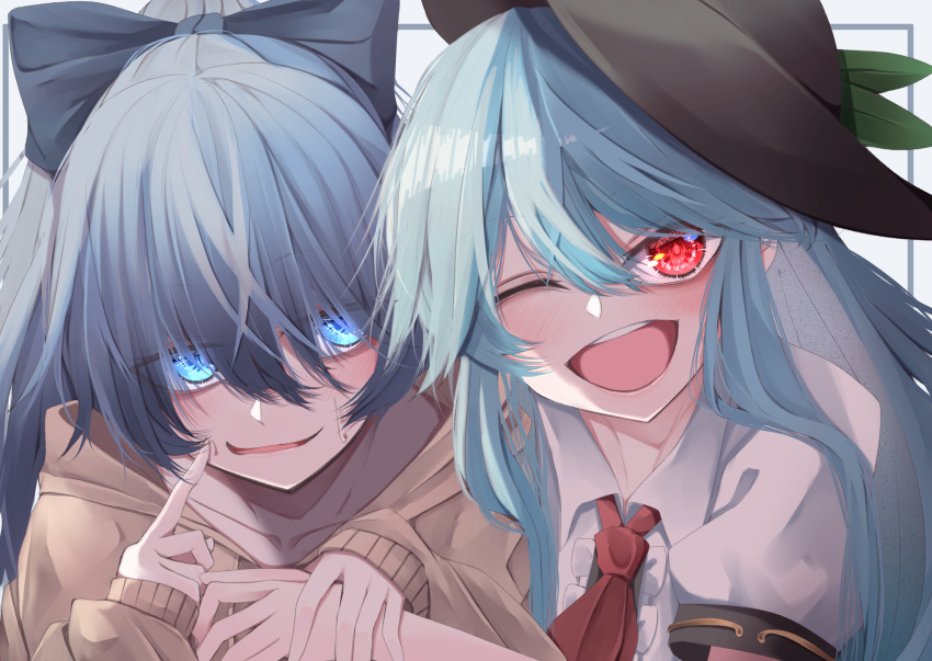 2girls ;d ascot black_headwear blue_bow blue_eyes blue_hair blush bow brown_hoodie close-up collarbone collared_shirt eyes_visible_through_hair finger_to_cheek friends hair_between_eyes hair_bow happy hat highres hinanawi_tenshi holding_hands hood hood_down hoodie leaf leaf_hat_ornament long_bangs long_hair looking_at_another looking_at_viewer multiple_girls one_eye_closed open_mouth portrait red_ascot red_eyes shirt sidelocks sleeve_cuffs sleeves_past_wrists smile sweatdrop teeth touhou tsune_(tune) upper_teeth_only white_background white_shirt yorigami_shion