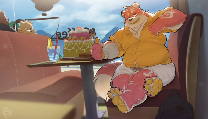 2023 absurd_res anthro belly big_belly birthday_cake bottomwear cake canid canine clothing dessert detailed_background food group hi_res kemono male mammal overweight overweight_male piero03432812 shirt shorts sitting topwear