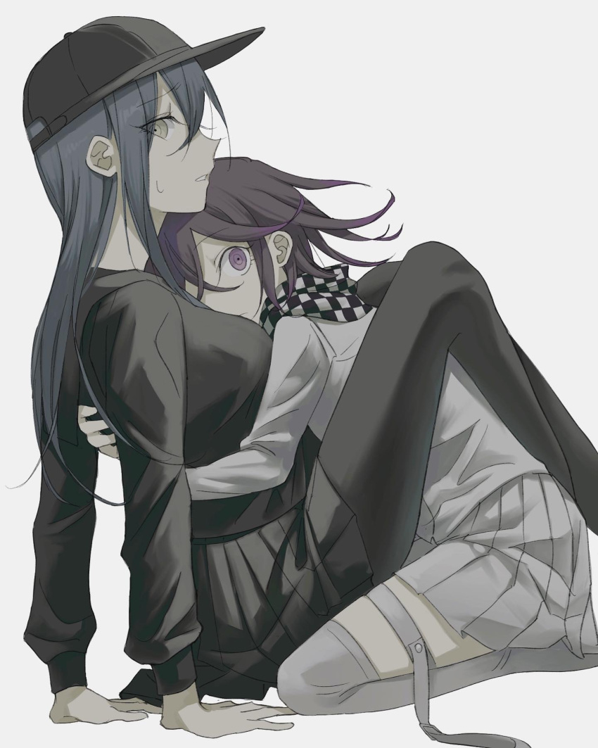 2girls black_hair black_headwear black_pantyhose breasts checkered_clothes checkered_scarf danganronpa_(series) danganronpa_v3:_killing_harmony genderswap genderswap_(mtf) hair_between_eyes hat highres hug long_hair looking_at_viewer m0918664055 multiple_girls ouma_kokichi pantyhose pleated_skirt purple_eyes purple_hair saihara_shuuichi scarf school_uniform short_hair sitting skirt sweat thigh_strap thighhighs white_background white_thighhighs wide-eyed yuri