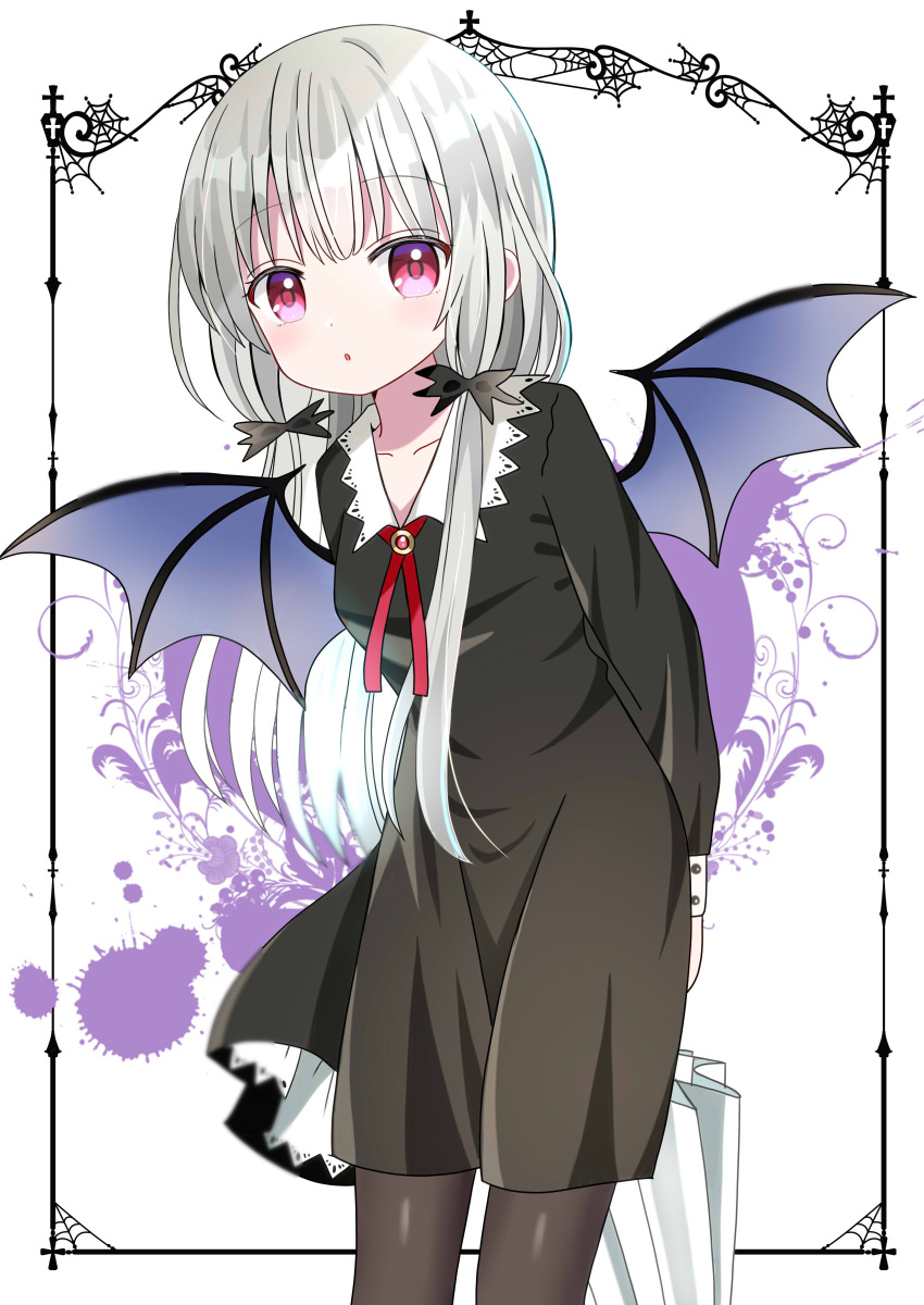 1girl absurdres arms_behind_back bat_wings black_dress black_pantyhose blue_wings breasts closed_umbrella collarbone commentary_request dress grey_hair highres long_hair long_sleeves looking_at_viewer pantyhose parted_lips red_eyes ryoutan small_breasts solo sophie_twilight tonari_no_kyuuketsuki-san umbrella very_long_hair white_background white_umbrella wings