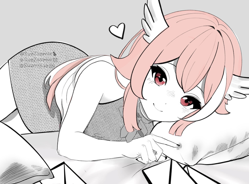 1girl bare_arms bare_shoulders feathered_wings grey_background greyscale hair_between_eyes heart highres indie_virtual_youtuber looking_at_viewer lying monochrome on_side pillowdear pink_hair red_eyes simple_background smile suezoomie watermark wings
