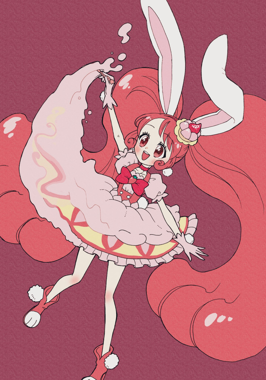 1girl aji_fry animal_ears bow cake cake_hair_ornament choker commentary_request cure_whip dress earrings extra_ears food food-themed_hair_ornament food-themed_ornament fruit_brooch gloves hair_ornament highres icing jewelry kirakira_precure_a_la_mode long_hair magical_girl open_mouth pink_choker pink_corset pink_hair pom_pom_(clothes) pom_pom_earrings precure rabbit_ears smile solo strawberry_brooch strawberry_shortcake twintails usami_ichika