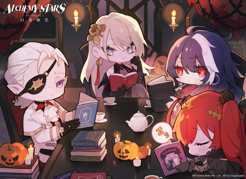 alchemy_stars book book_stack candlelight candlestand chibi cup eyepatch halloween highres holding holding_book multicolored_hair nails_(alchemy_stars) official_art pact_(alchemy_stars) paloma_(alchemy_stars) pumpkin reading sitting sleeping teacup teapot two-tone_hair victoria_(alchemy_stars)