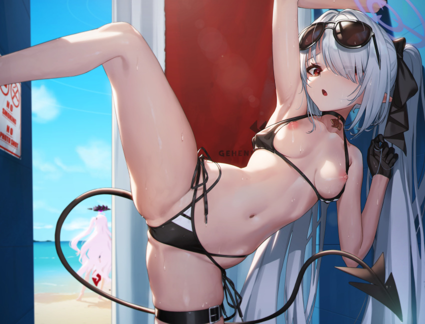 2girls absurdres arm_up armpits ass bare_arms bare_shoulders bikini bikini_top_aside black-framed_eyewear black_bikini black_choker blue_archive breasts choker demon_tail eyewear_on_head hair_over_one_eye halo halterneck highres hina_(blue_archive) iori_(blue_archive) iori_(swimsuit)_(blue_archive) leg_up long_hair looking_at_viewer multi-strapped_bikini multiple_girls navel nipples official_alternate_costume open_mouth pjman pointy_ears red_eyes side-tie_bikini_bottom small_breasts solo_focus standing standing_on_one_leg stomach string_bikini sunglasses swimsuit tail thigh_strap thighs twintails very_long_hair white_hair