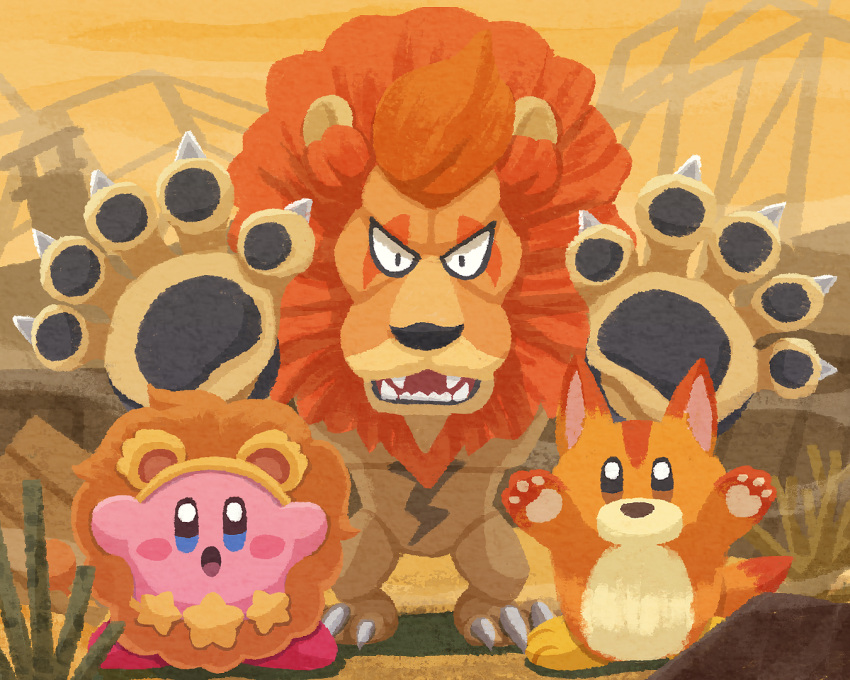 animal_ears animal_hands awoofy blush_stickers claws creature fangs full_body furry furry_male kirby kirby_(series) kirby_and_the_forgotten_land leongar lion lion_ears miclot open_mouth orange_fur outstretched_arms solid_oval_eyes standing star_(symbol) tail