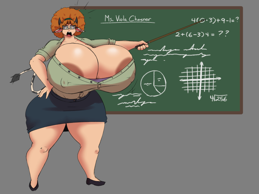 2023 absurd_res angry animal_print big_breasts bovid bovine breasts brewheardt chalkboard clothing cow_print cowgirl_(disambiguation) eyewear ginger glasses hi_res holstaurus horn huge_breasts hyper hyper_breasts mammal miss_chesner tail tail_tuft teacher tight_clothing tuft viola wide_hips