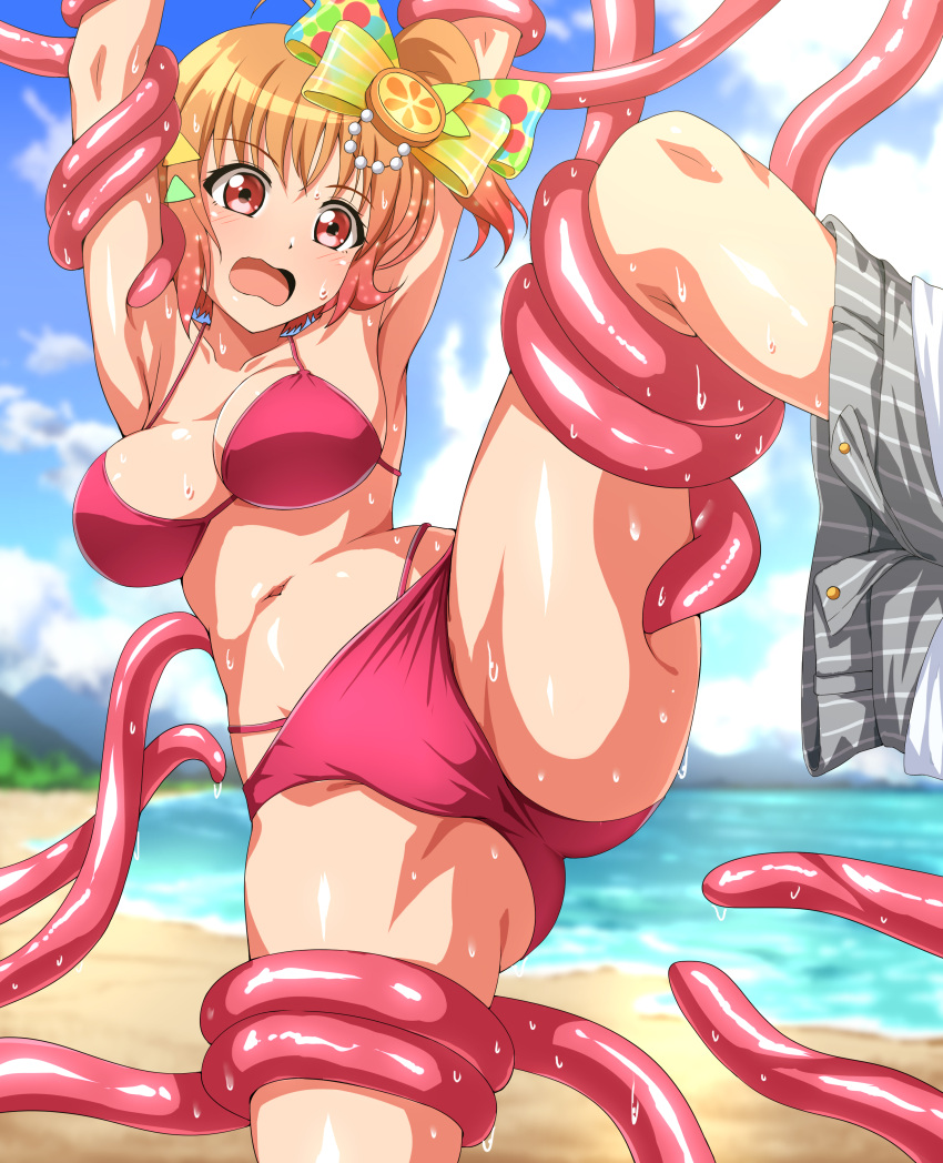 1girl absurdres ahoge ass beach bikini blue_sky blurry blurry_background blush bow breasts clothes_removed cloud collarbone hair_bow halterneck highres imminent_rape large_breasts love_live! love_live!_sunshine!! multi-strapped_bikini navel open_mouth orange_hair outdoors pink_bikini polka_dot polka_dot_bow red_eyes restrained short_hair sky spread_legs sweat swimsuit takami_chika tentacles zanntetu