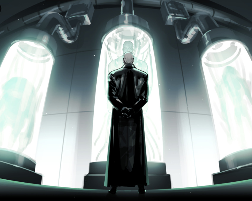 1boy albert_wesker arms_behind_back blonde_hair coat facing_away laboratory non-web_source resident_evil standing tatsumi_(psmhbpiuczn) trench_coat