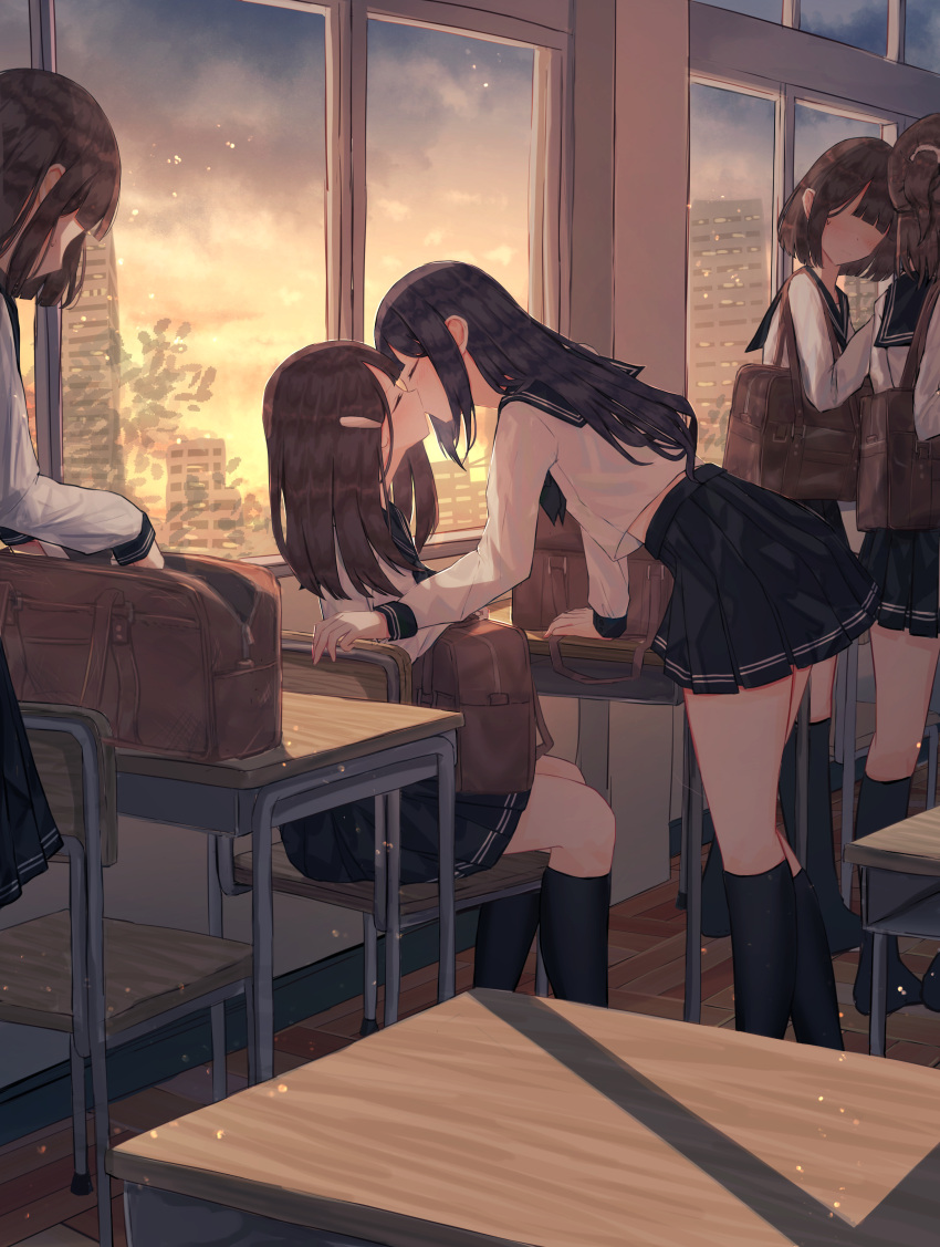 5girls absurdres arm_support benevole black_hair black_skirt black_socks blunt_bangs brown_hair chair classroom closed_eyes commentary_request desk faceless faceless_female highres kiss leaning_forward light_particles long_hair looking_back medium_hair multiple_girls original sailor_collar school_chair school_desk school_uniform serafuku short_hair sitting skirt socks standing thighs window yuri