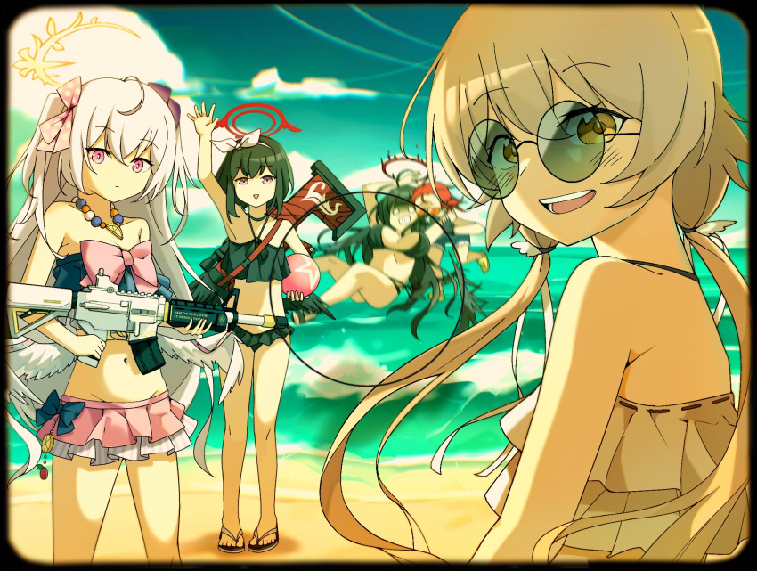 5girls angel_wings anti-materiel_rifle assault_rifle azusa_(blue_archive) azusa_(swimsuit)_(blue_archive) ball beach beachball blue_archive breasts cleavage feathered_wings gun halo hifumi_(blue_archive) hifumi_(swimsuit)_(blue_archive) highres holding holding_ball holding_beachball holding_gun holding_weapon large_breasts long_hair looking_at_viewer looking_back maaki12 multiple_girls ocean official_alternate_costume rifle sandals seaside_sukeban_(smg)_(blue_archive) short_hair sniper_rifle sunglasses swimsuit waving_arm weapon wings wrestling