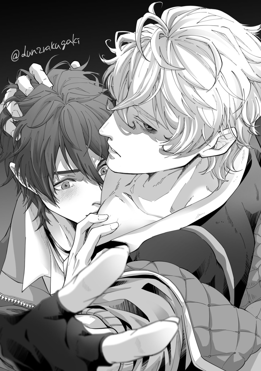 2boys bags_under_eyes bishounen blush dun2rakugaki eiden_(nu_carnival) fingerless_gloves gloves grabbing hand_on_another's_head highres hug long_sleeves looking_at_another looking_at_viewer male_focus monochrome multiple_boys muscular muscular_male nu_carnival pectoral_grab pectorals quincy_(nu_carnival) short_hair yaoi