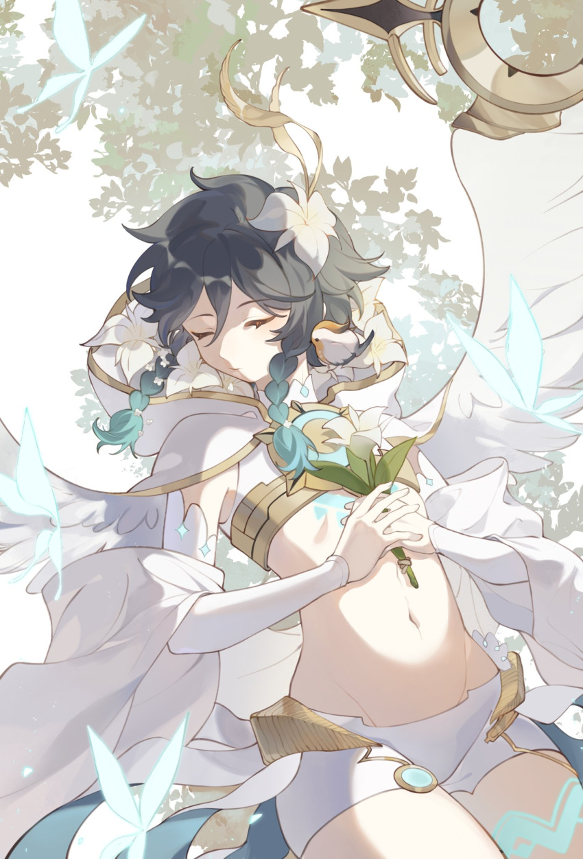 1boy androgynous angel_wings animal_on_shoulder aqua_hair bird bird_on_shoulder black_hair chest_tattoo closed_eyes closed_mouth feathered_wings flower genshin_impact hair_flower hair_ornament highres holding holding_flower hood hood_down leaf leg_tattoo male_focus maomaoyu multicolored_hair official_alternate_costume shirt shorts solo tattoo venti_(archon)_(genshin_impact) venti_(genshin_impact) white_flower white_shirt white_shorts white_wings wings