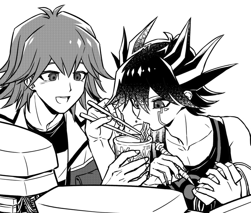 2boys bruno_(yu-gi-oh!) chopsticks collarbone cup_ramen facial_tattoo food fudou_yuusei greyscale highres holding holding_chopsticks holding_food holding_tool jacket looking_at_another machinery male_focus monochrome multiple_boys noodles open_mouth ramen screentones shirt short_hair simple_background smile soldering_iron spiked_hair t-shirt tank_top tattoo tools upper_body youko-shima yu-gi-oh! yu-gi-oh!_5d's