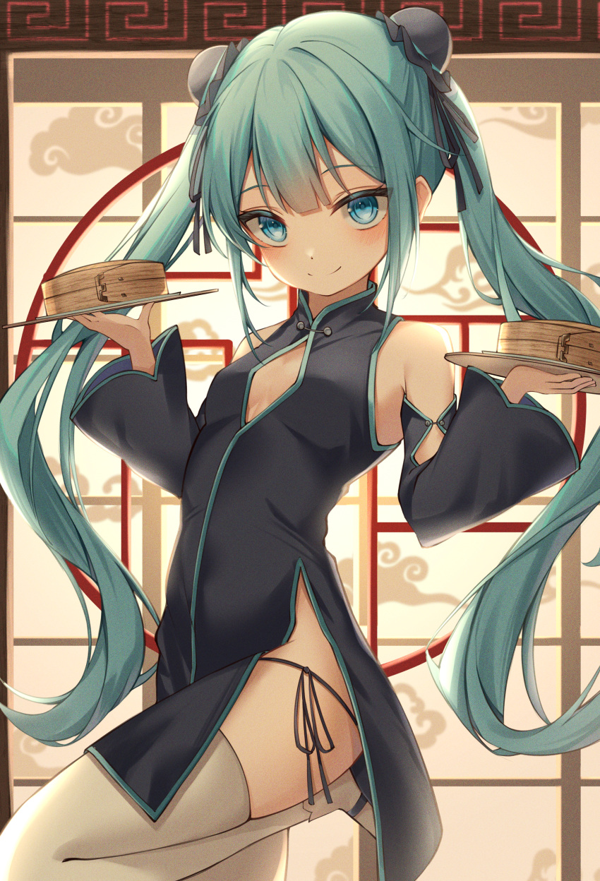 1girl absurdres alternate_costume aqua_hair bamboo_steamer bare_shoulders black_dress black_ribbon black_sleeves blue_eyes breasts bun_cover china_dress chinese_clothes closed_mouth commentary detached_sleeves double_bun dress hair_bun hair_ribbon hands_up hatsune_miku highres holding holding_plate indoors leg_up long_hair long_sleeves looking_at_viewer meandros panties panty_peek plate ribbon ryaru_ryaru short_dress side-tie_panties side_slit sidelocks sleeveless sleeveless_dress small_breasts smile solo standing standing_on_one_leg thighhighs twintails underwear very_long_hair vocaloid white_thighhighs whorled_clouds wide_sleeves