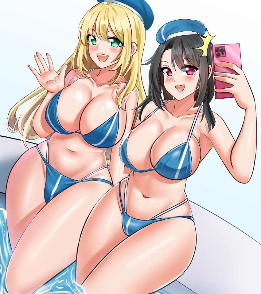 2girls absurdres atago_(kancolle) beret bikini black_hair blonde_hair blue_bikini blue_headwear breasts cellphone cleavage green_eyes hat highres kantai_collection katou_shinobu large_breasts long_hair matching_outfits multi-strapped_bikini multiple_girls phone red_eyes selfie short_hair sitting soaking_feet swimsuit takao_(kancolle) taking_picture two-tone_bikini waving