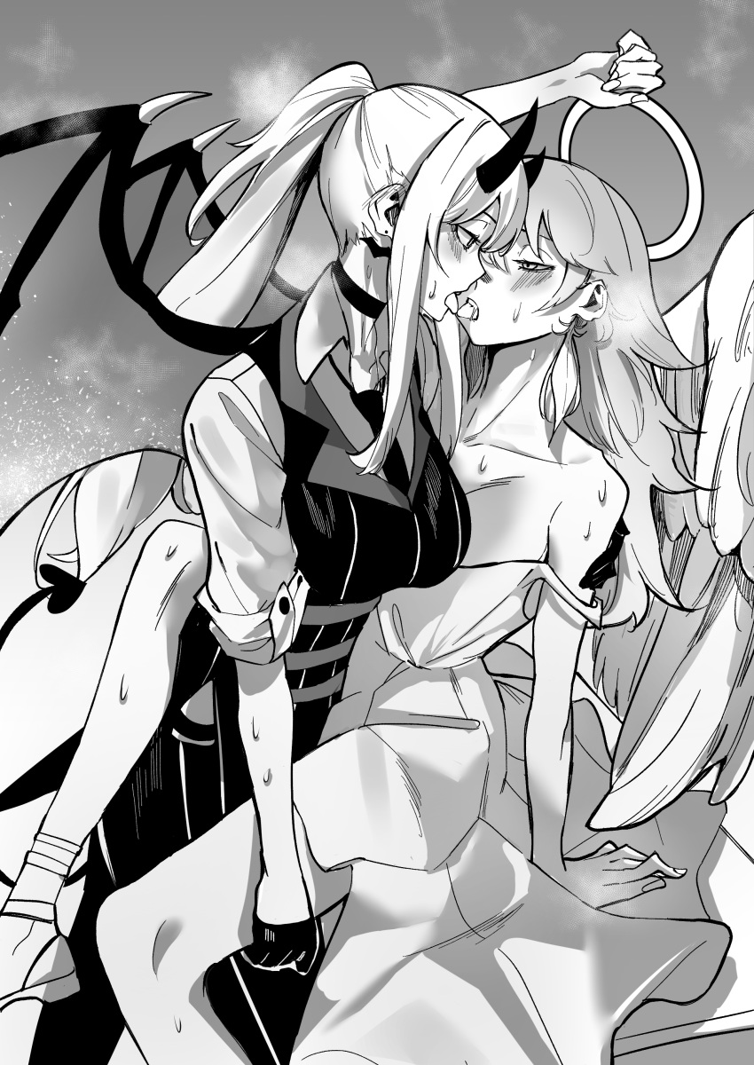 2girls absurdres angel angel_wings bat_earrings black_choker black_dress black_necktie breast_press breasts choker collared_shirt commentary commission couple demon_girl demon_horns demon_tail demon_wings dress earrings english_commentary eye_contact french_kiss grabbing hair_behind_ear halo highres hololive hololive_english horns jewelry kiss large_breasts large_wings long_hair longlong_(drasdr7513) looking_at_another mori_calliope multiple_girls necktie pink_hair ponytail red_eyes saliva sandals second-party_source shirt straddling tail takanashi_kiara tongue tongue_out upright_straddle virtual_youtuber white_background white_footwear wings yuri