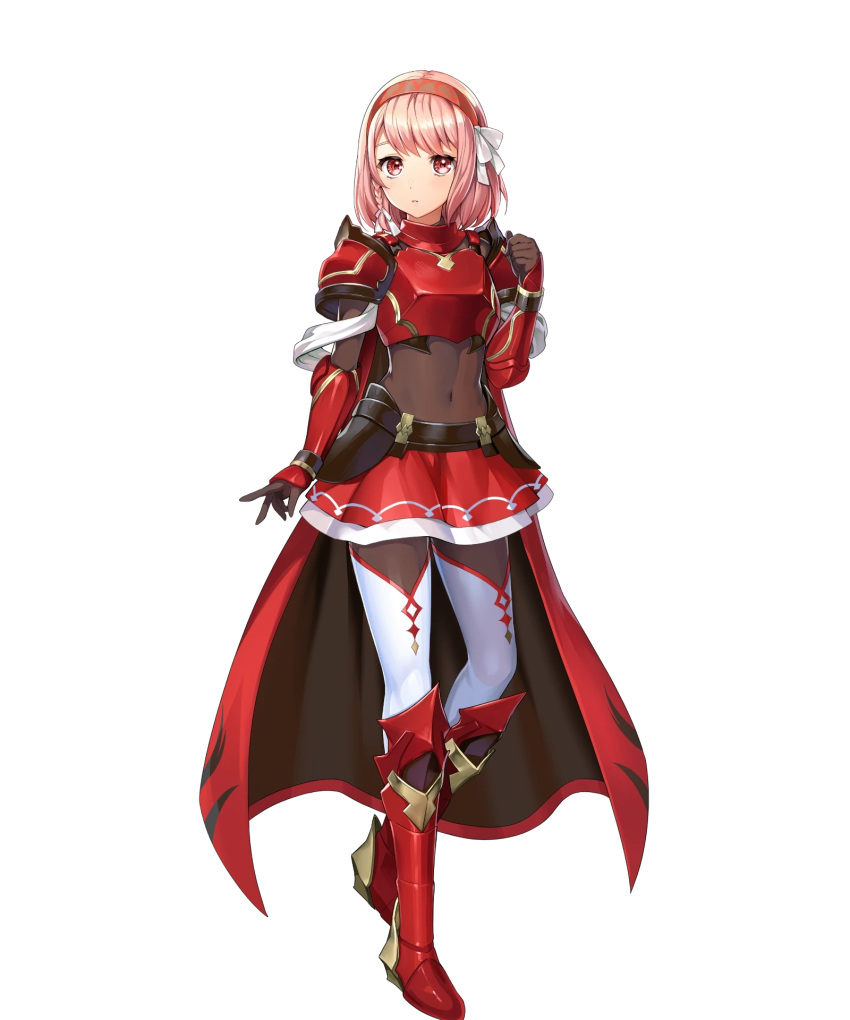 1girl armor armored_boots boots braid breastplate cape chachie covered_navel fire_emblem fire_emblem_engage fire_emblem_heroes gauntlets gold_trim hair_ornament hairband hand_up highres lapis_(fire_emblem) loincloth looking_at_viewer miniskirt non-web_source official_art pink_hair red_armor red_cape red_eyes short_hair shoulder_armor skin_tight skirt solo thighhighs transparent_background