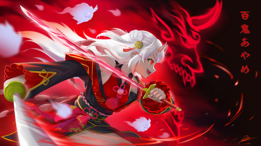 absurdres dark_background double-blade evil_smile highres hitatsuphat holding holding_sword holding_weapon hololive japanese_clothes katana nakiri_ayame oni open_mouth red_eyes smile sword tassel thighhighs virtual_youtuber weapon white_hair